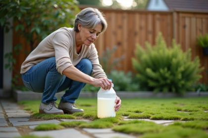 Femme versant du vinaigre blanc sur de la mousse entre pavés