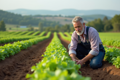 Fermeur en overalls examine jeunes plants verts dans un champ