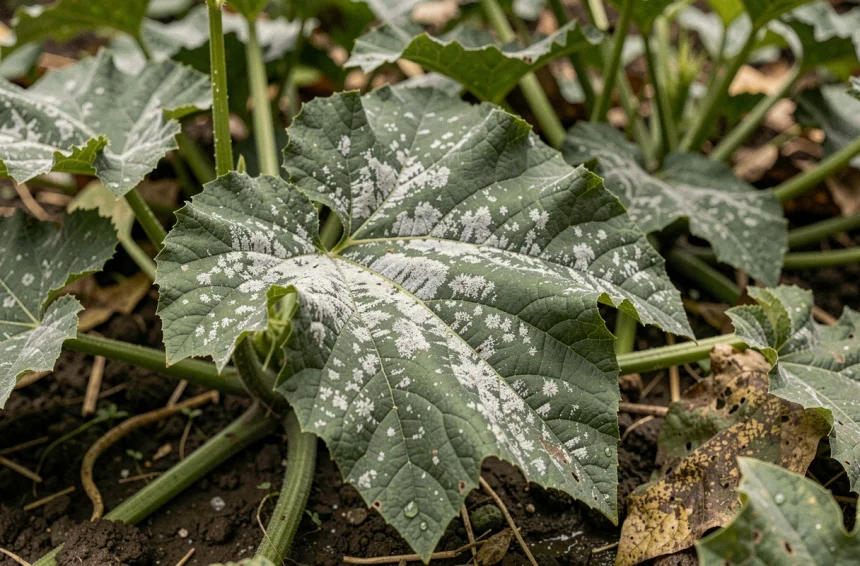 Feuille de courgette atteinte d'oïdium avec taches blanches poudreuses dues aux erreurs d'arrosage et de surpeuplement