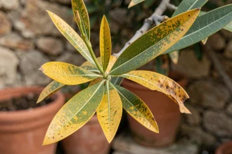 Feuilles jaunes de laurier rose sur une branche avec signes de chlorose dans un jardin méditerranéen