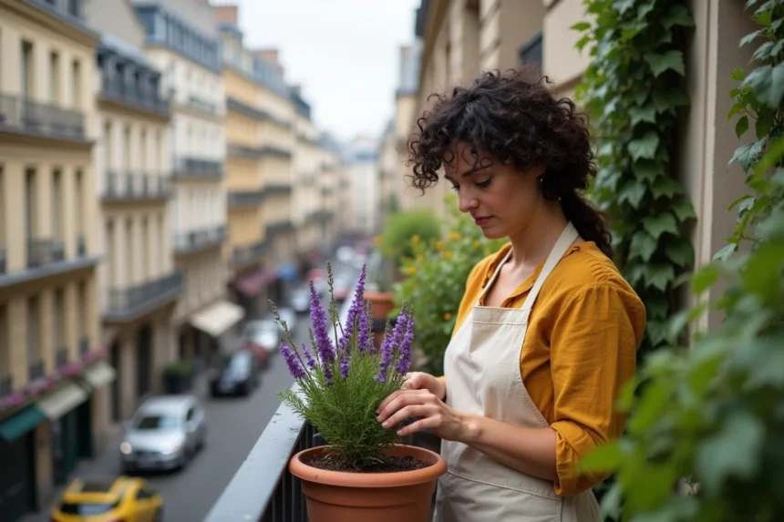 Femme arrangeant des fleurs sauvages violettes dans un pot en terre cuite sur un balcon parisien