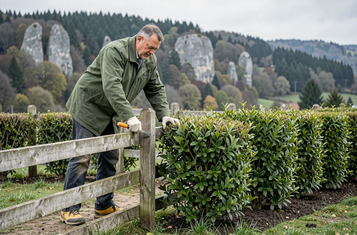 Paysagiste installant une clôture décorative en bois bordée de haies à Levier, spécialité de France Cloture Environnement