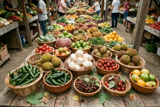 Étalage de marché fermier avec des fruits et légumes rares commençant par J comme le jicama, le jacquier et le jalapeño dans des paniers rustiques