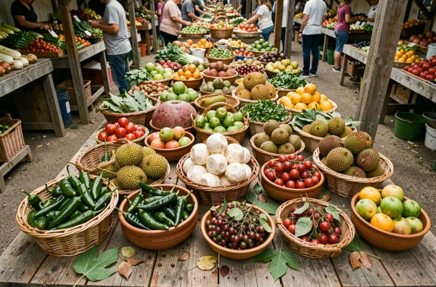 Étalage de marché fermier avec des fruits et légumes rares commençant par J comme le jicama, le jacquier et le jalapeño dans des paniers rustiques