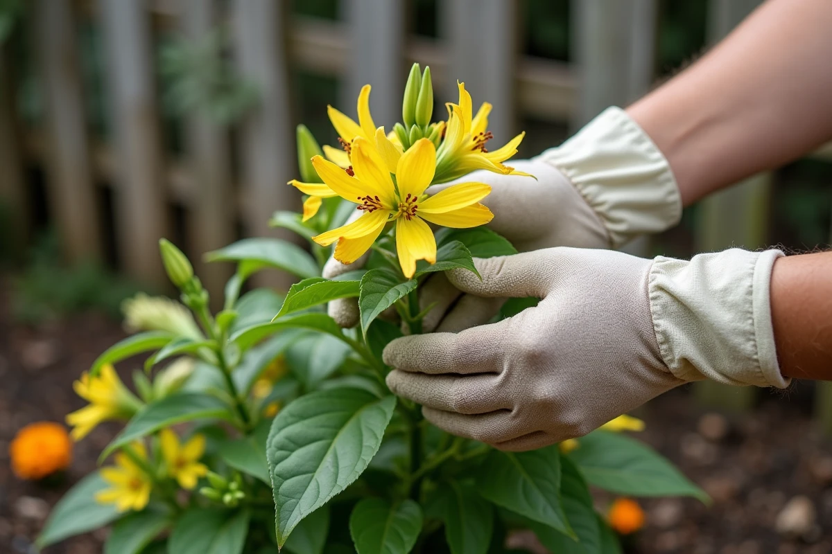 Gant de jardinage tenant des feuilles de lisianthus jaunies