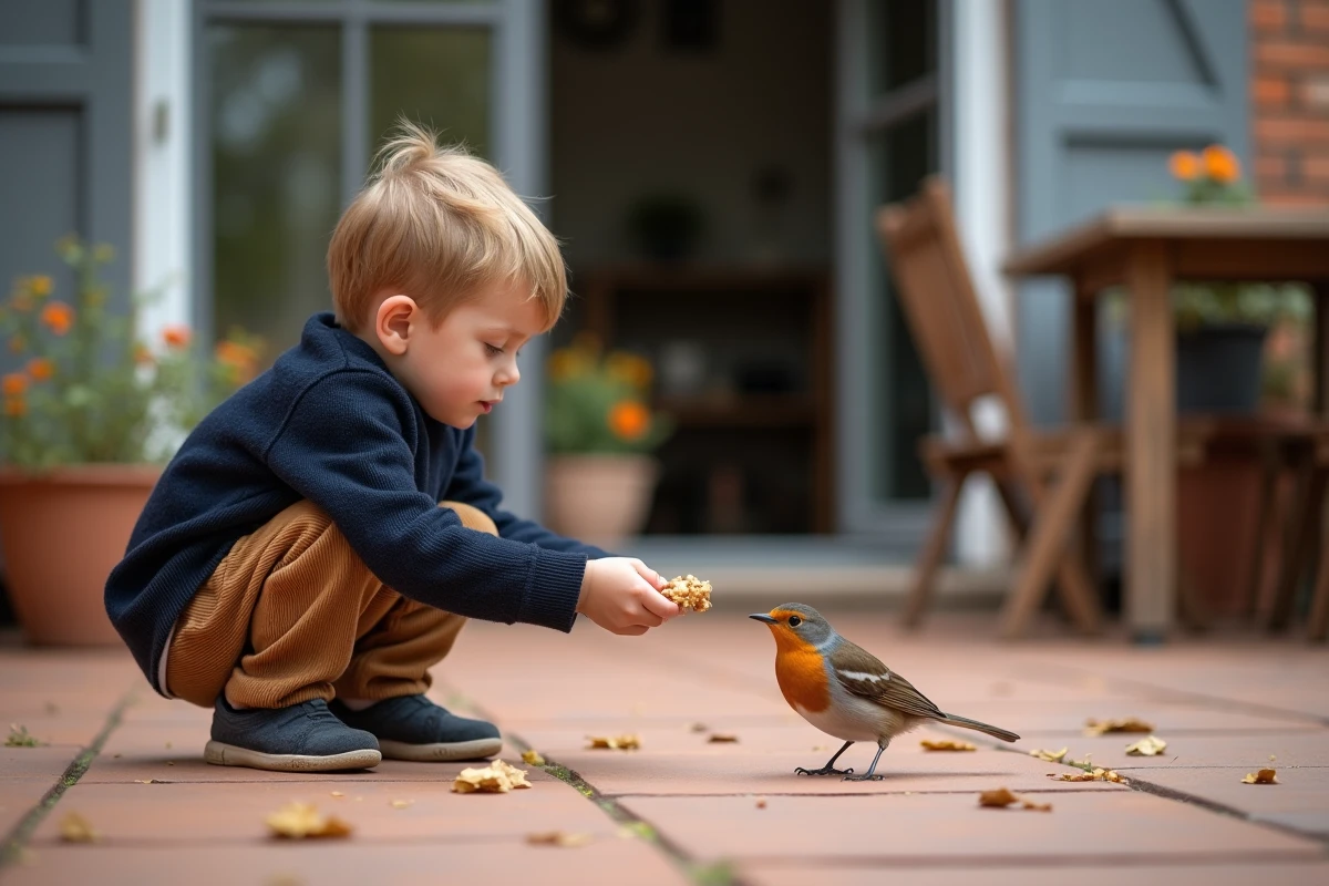 Jeune garçon donnant des miettes à un rouge-gorge dans le jardin