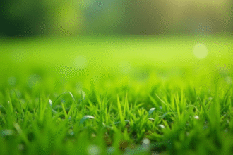 Gazon vert avec mauvaises herbes invasives en gros plan