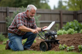 Motobineuse en action dans un jardin bien entretenu