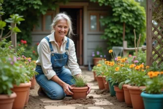 jardin décoré avec salon, espace enfants et barbecue