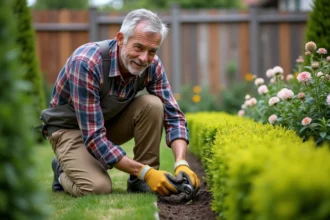 Jardinier professionnel en train d'entretenir un jardin fleuri