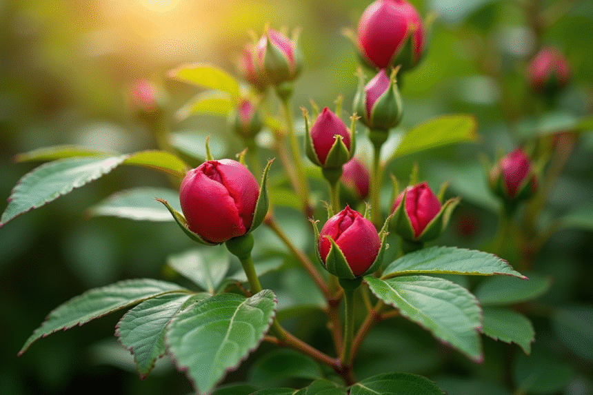 Excroissances rouges sur les tiges de rosiers dans un jardin