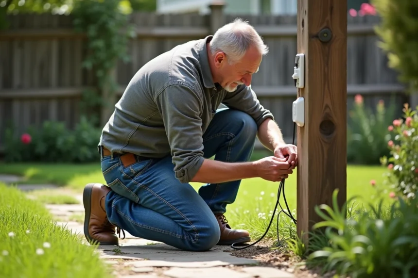 Prise électrique installée dans un jardin bien aménagé