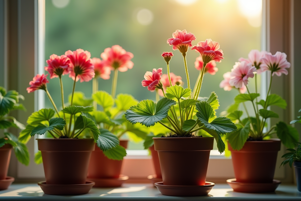 Geraniums plantés dans des petits pots sur une fenêtre ensoleillée