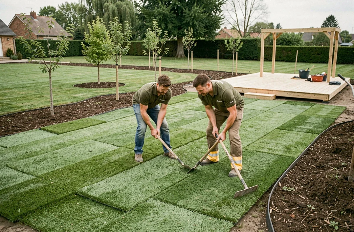 Équipe de Green Horizon posant des rouleaux de gazon et aménageant les bordures d'un jardin suburbain dans le Nord