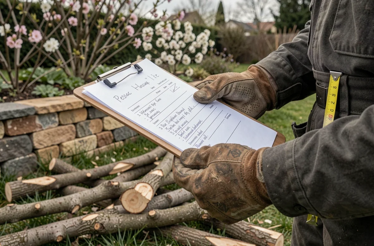 Gros plan sur les mains d'un élagueur tenant un devis d'élagage manuscrit avec des branches coupées au sol à Pessac