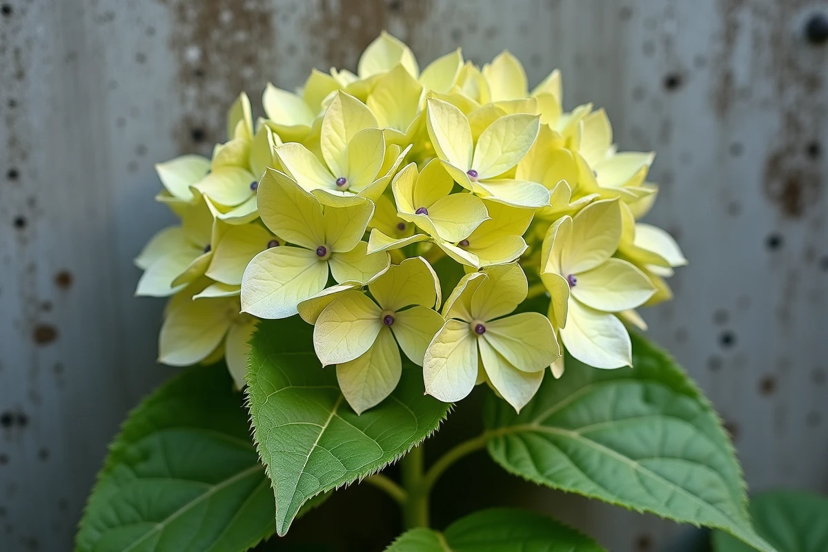 Gros plan sur des feuilles d'hortensia jaunissantes avec chlorose internervaire due au microclimat d'un mur de jardin