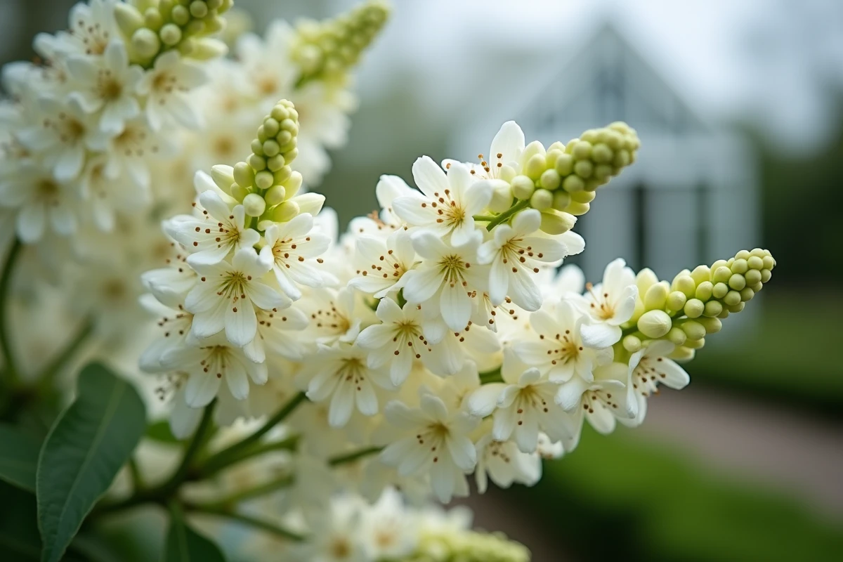 Gros plan sur les fleurs en panicules blanches crème du lilas du Japon dans un jardin botanique