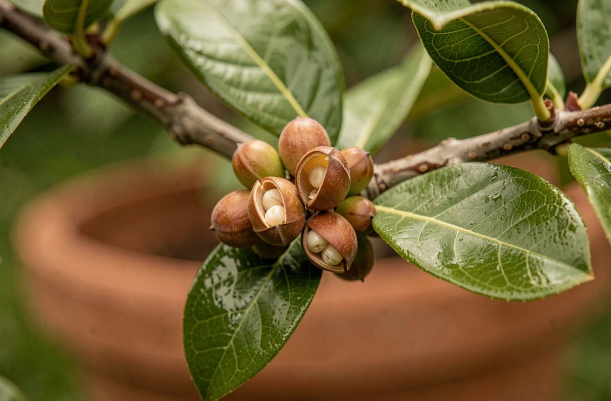 Gros plan sur les fruits et capsules de graines de l'oranger du Mexique Choisya ternata sur une branche