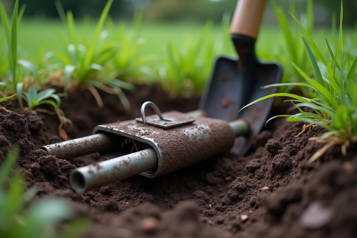 Gros plan d'un piège à taupe métallique posé sur de la terre fraîchement retournée dans un jardin