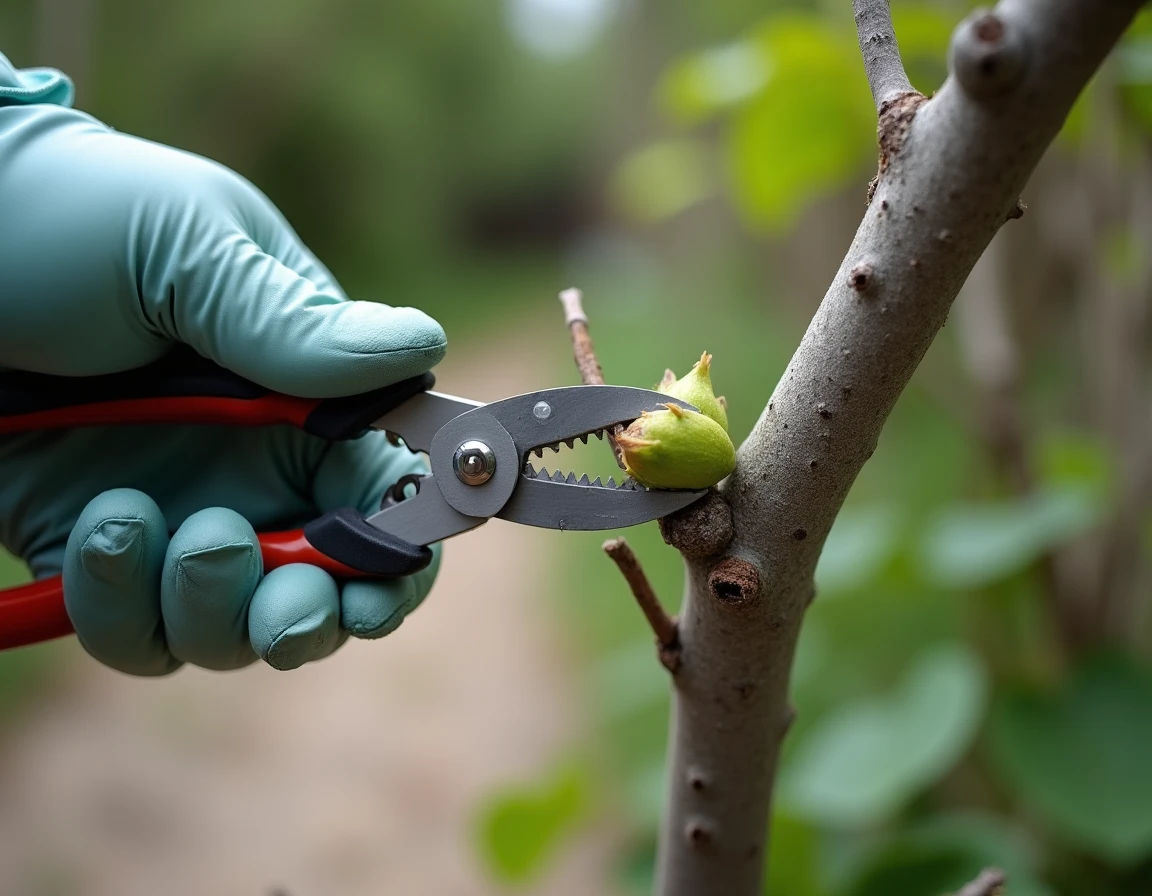 Gros plan sur la taille d'une branche de lilas des Indes au sécateur pour supprimer le bois cassé