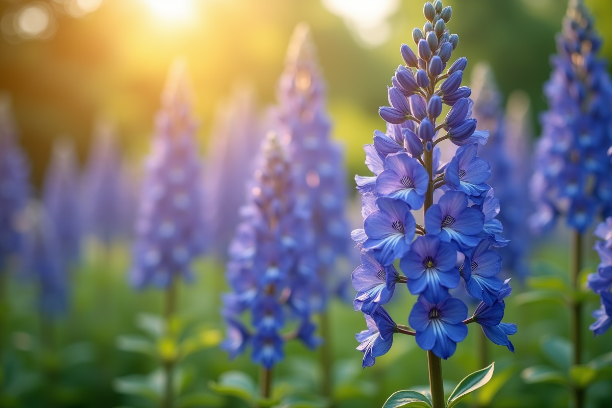 Un groupe de delphinium dans un jardin en plein soleil