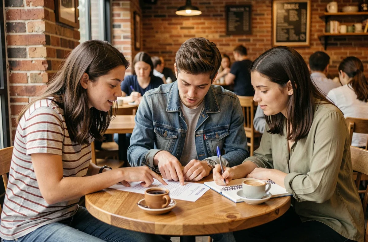 Groupe d'étudiants révisant ensemble autour d'un quiz dans un café urbain chaleureux