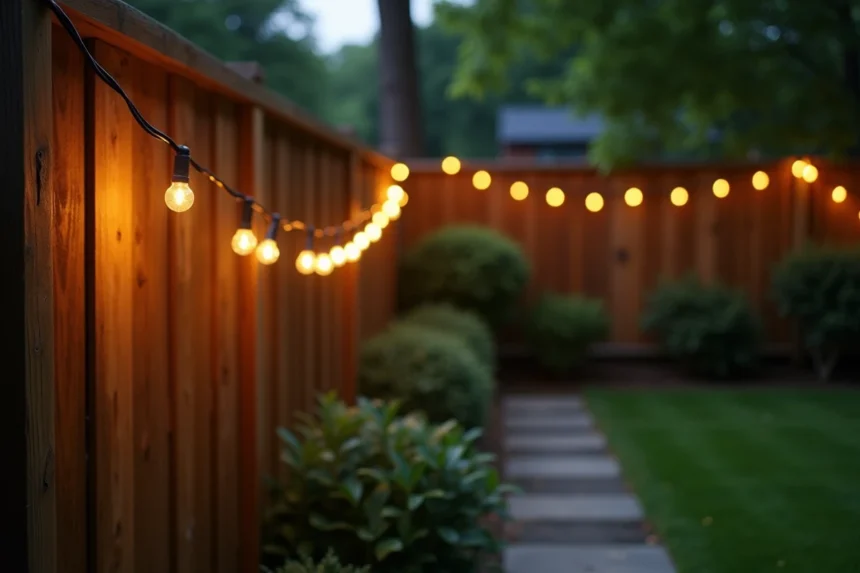 Guirlande lumineuse solaire accrochée sur une clôture en bois dans un jardin verdoyant au crépuscule