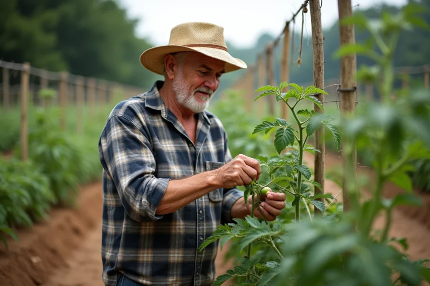 Homme âgé taillant une plante de tomates dans un jardin