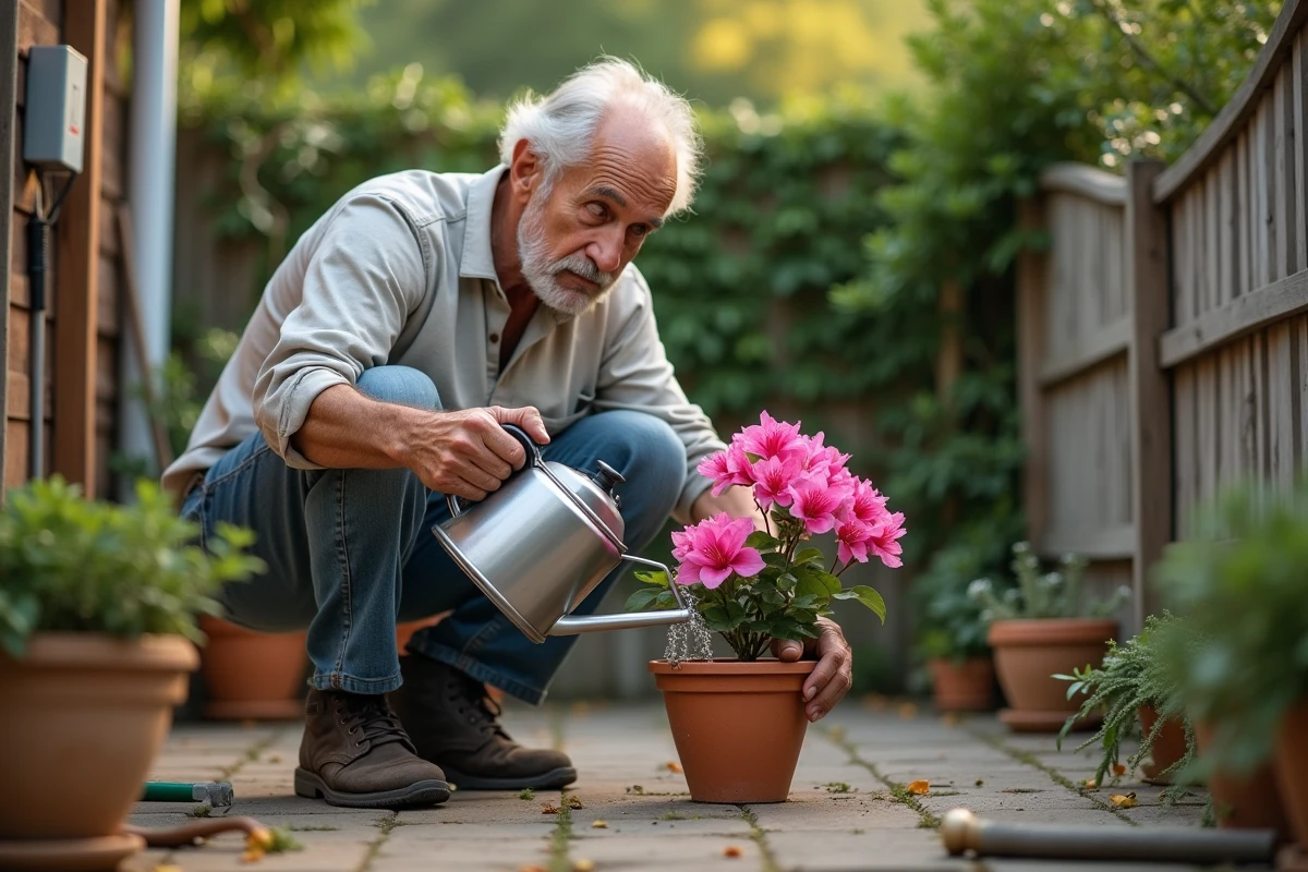 Homme âgé arrosant bougainvillea sur patio