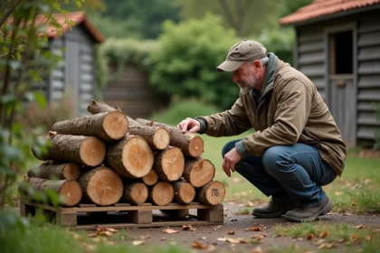 Homme en vêtements de travail vérifiant une bûche certifiée dans le jardin