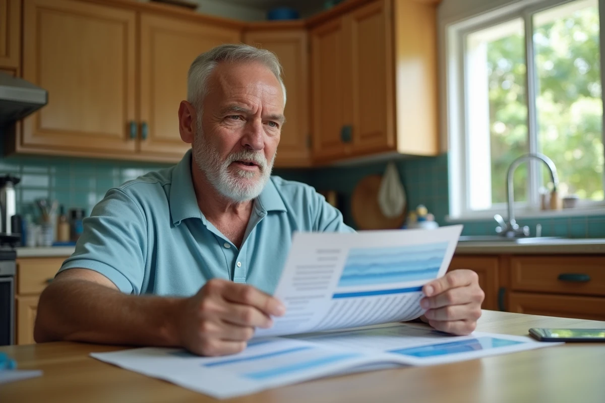 Homme utilisant un calculateur de volume de piscine à la maison