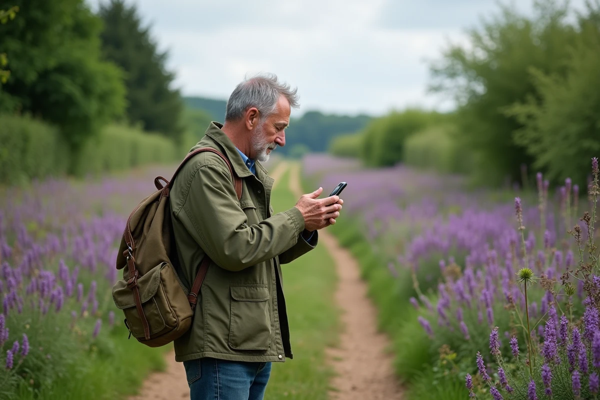 Homme photographiant des fleurs sauvages mauves le long d'un chemin de campagne fleuri