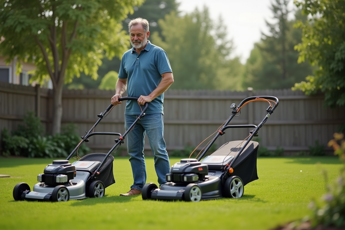 Homme compare deux tondeuses dans son jardin