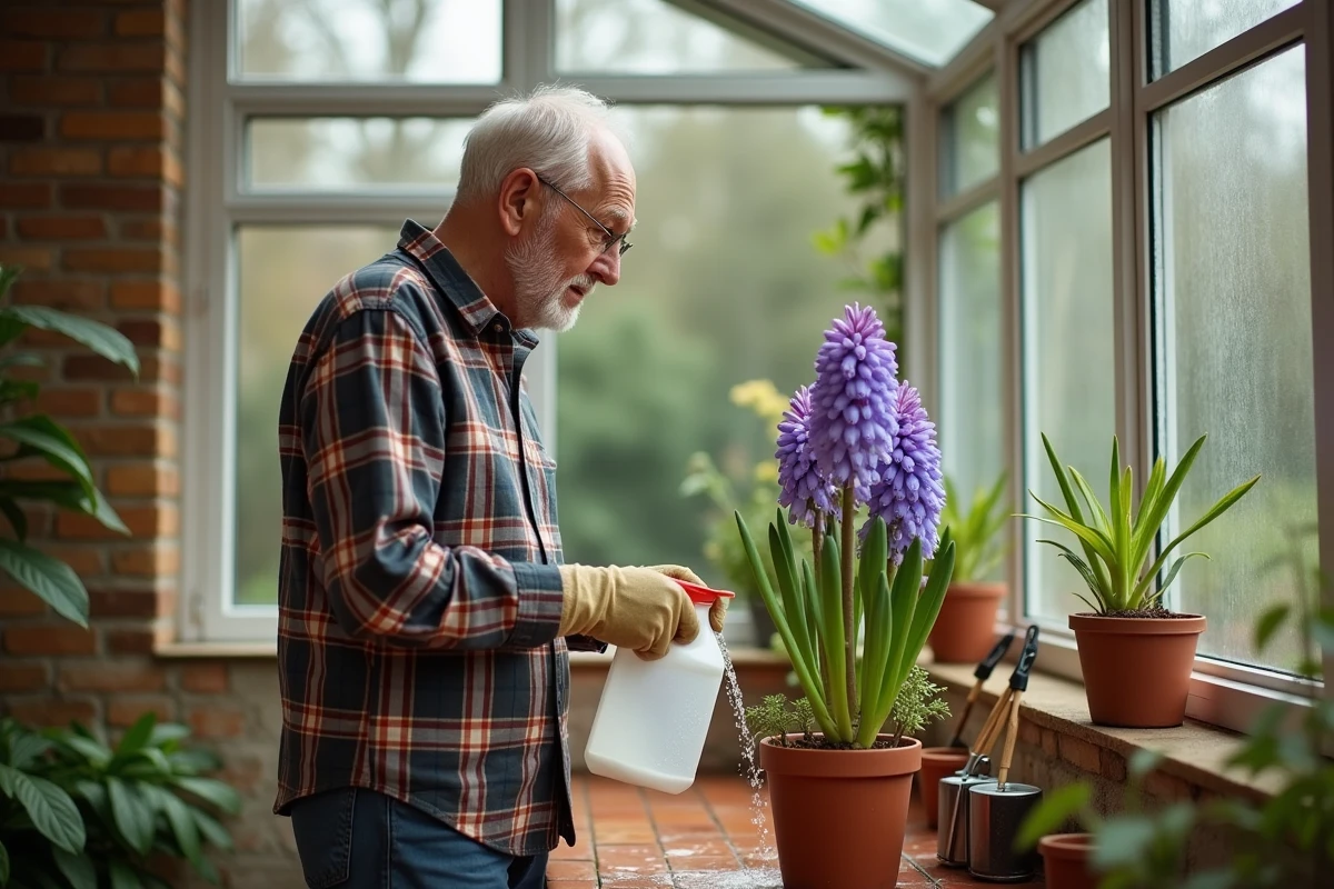 Homme âgé arrosant une hyacinth dans le conservatoire