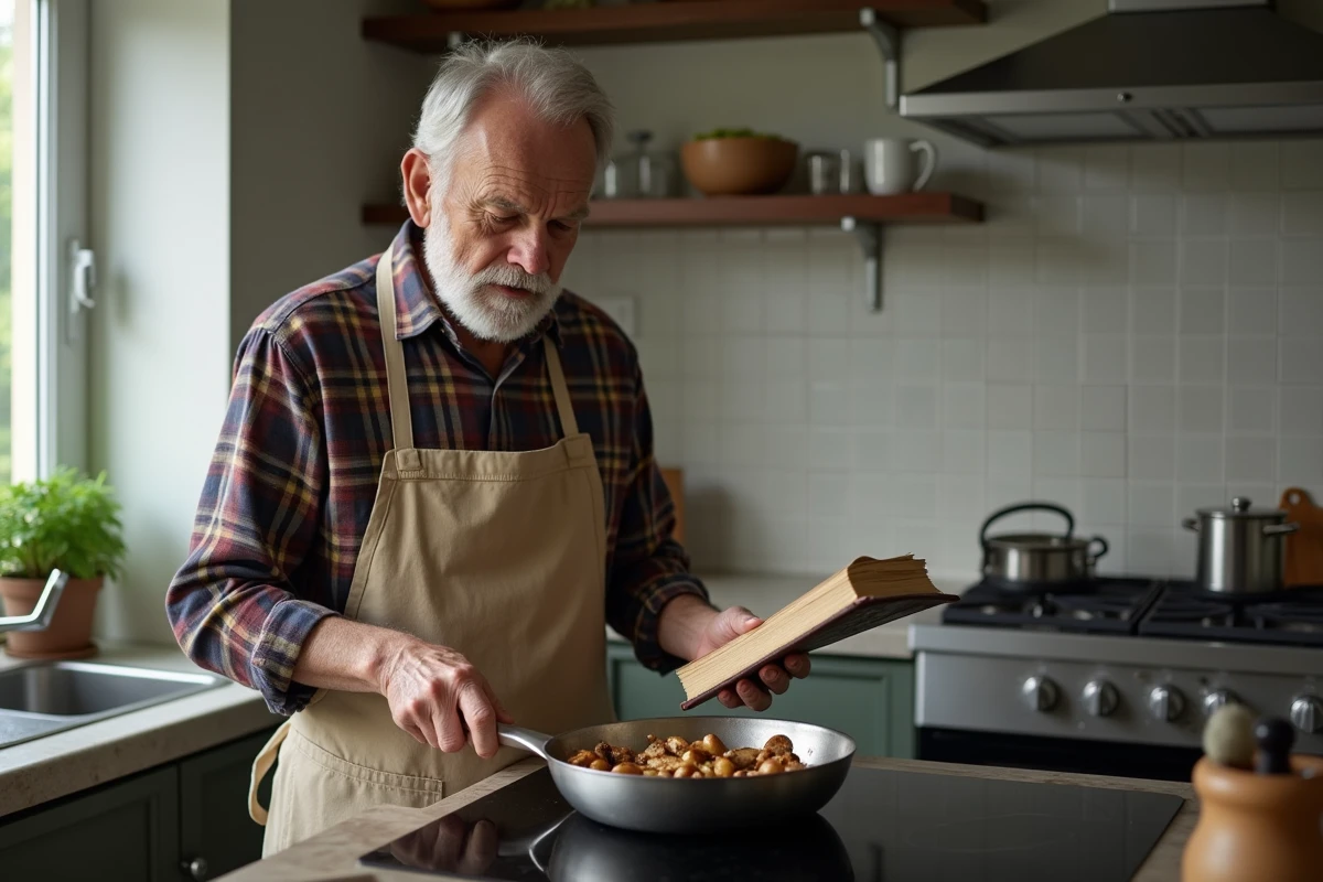 Homme cuisinant des girolles dans une poêle moderne