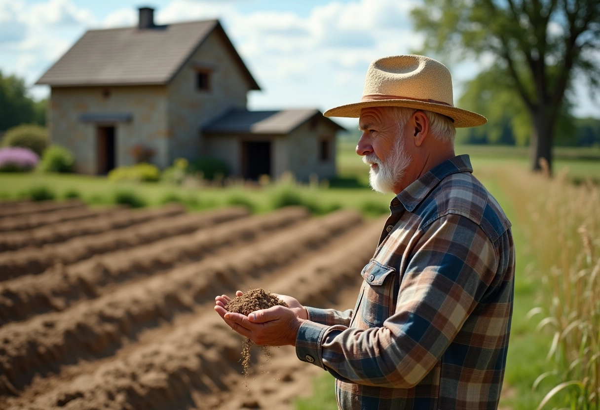 Homme âgé observant le sol avant plantation de haricots