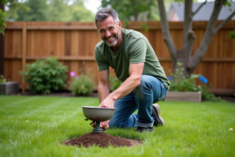 Homme en jeans et t-shirt vert étalant de l'engrais dans le jardin