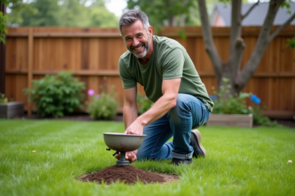 Homme en jeans et t-shirt vert étalant de l'engrais dans le jardin