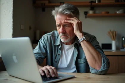 Homme inquiet assis à la cuisine avec un ordinateur portable