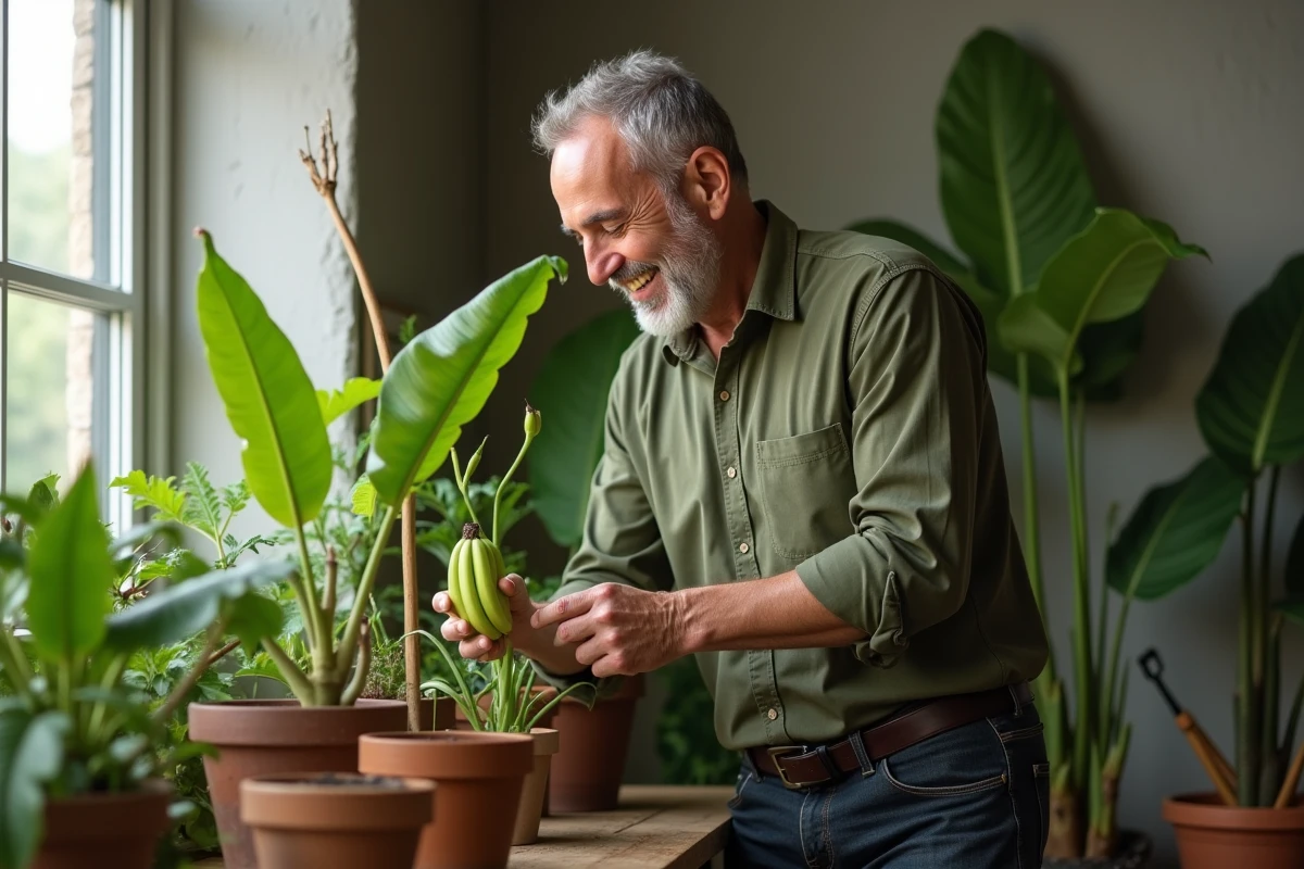 Homme inspectant une jeune plante de banane en intérieur
