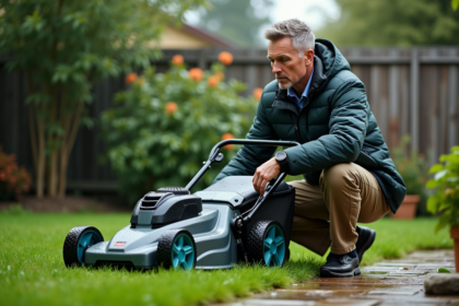 Homme inspectant une tondeuse électrique mouillée dans le jardin