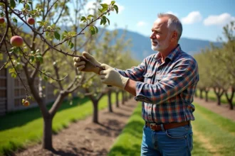 Homme d'âge moyen inspectant un arbre peche en jardin