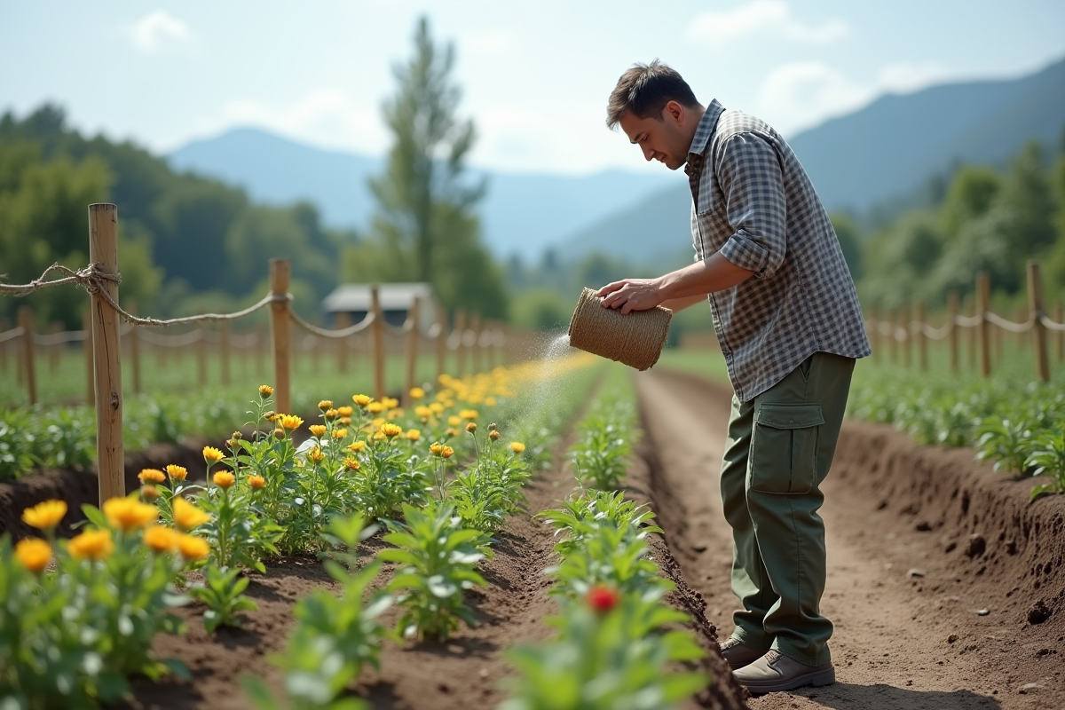 Homme inspecte des plantes avec engrais dans un potager