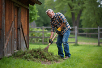 Homme moyenâgeux râtissant des feuilles dans un jardin rural