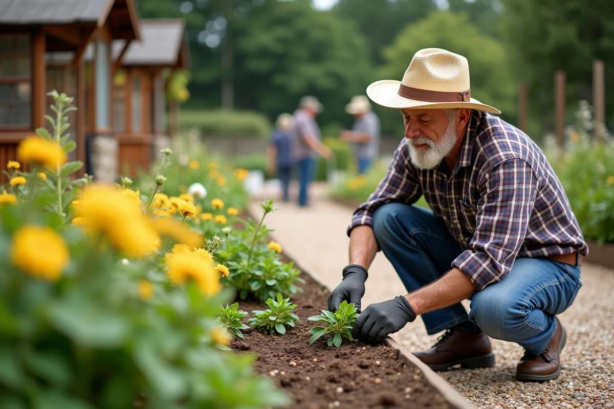 Homme âgé inspectant une fleur dans un jardin communautaire
