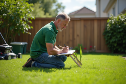Homme d'âge moyen mesurant la hauteur de l'herbe dans le jardin
