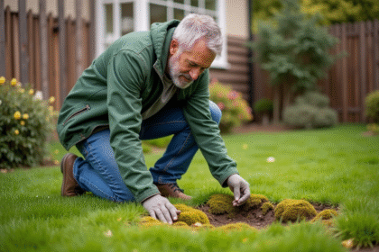 Homme d'âge moyen inspectant la mousse dans son jardin