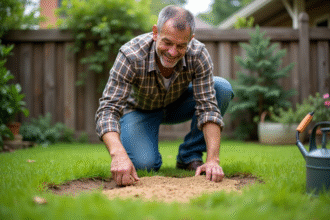 Homme d'âge moyen en jeans et chemise à carreaux en train de semer de l'herbe dans un jardin