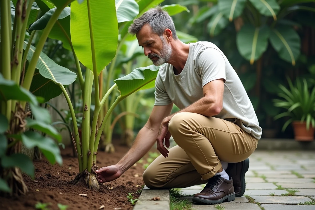 Homme vérifiant la terre d’un plantain dans le jardin