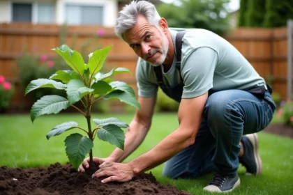 Homme d'âge moyen plantant un jeune figuier dans un jardin